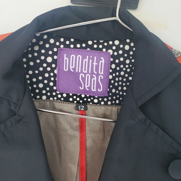 Bendita Seas Long Jacket Lined Coat Size 12 Large Black Red Hindi Buddah Patern - Picture 4 of 5